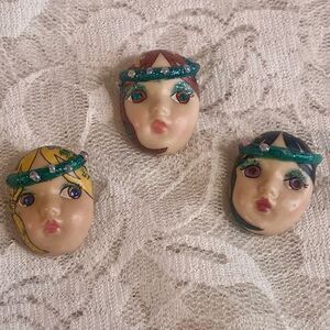 Vintage Adagio Porcelain Pin Brooches Signed Hand Painted Set of 3 Crystal Eyes
